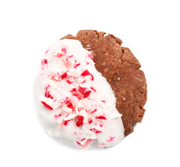 Tasty candy cane cookie on white background