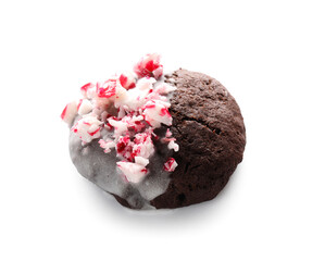 Tasty candy cane cookie on white background