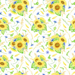 Watercolor floral seamless pattern. Hand painted sunflower bouquets with cornflowers, greenery and wheat spikelets illustration. Summer repeated background isolated on white for wrapping, fabrics.