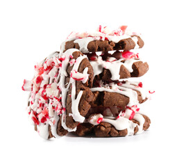Tasty candy cane cookies on white background