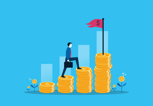Financial increase goal, wealth management and investment plan to achieve target. Businessman step climbing money coin stack aiming to achieve target flag on top.