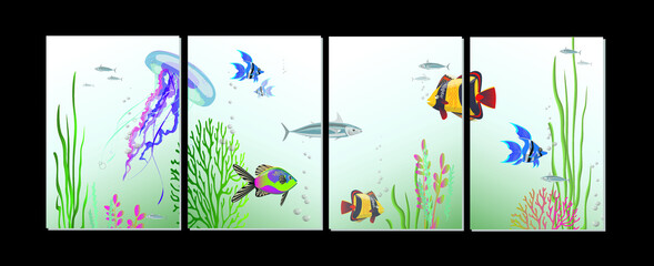 Underwater world ocean floor or modular paintings with sea animals and plants. Vector illustrations for wall designs and other. 