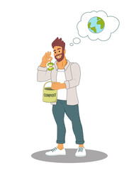 A  bearded modern man throws the rest of the apple into a compost bucket thinking planet Earth.  Zero waste concept.  Vector illustration Isolated on white background.