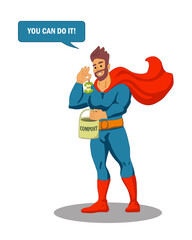 Superman throws an apple splash into the compost bucket showing an example. Motivating phrase: You can do it. Zero waste concept. Isolated on white background.