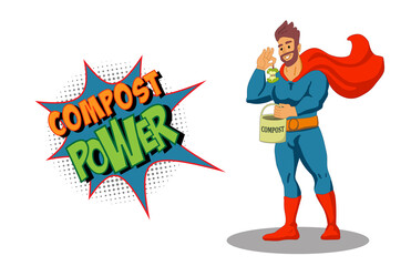 Superman throws an apple splash into the compost bucket. Zero waste concept. Compost power comic bubble. Isolated on white background.