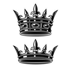 Illustration of king crown in monochrome style. Design element for logo, emblem, sign, poster, t shirt. Vector illustration