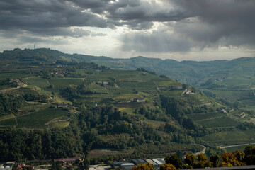 Fototapeta premium The hills full of vineyards of Santo Stefano Belbo, the area of Muscat wine in Piedmont, immediately after the harvest in autumn