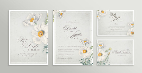 Wedding Invitation Set with Save the Date, RSVP, Thank You Card. Vintage Wedding invitation template with White Flower
