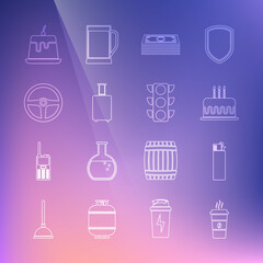 Naklejka premium Set line Coffee cup, Lighter, Cake with burning candles, Stacks paper money cash, Travel suitcase, Steering wheel, Pudding custard and Traffic light icon. Vector