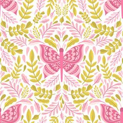Fototapeta premium Butterfly and plant seamless pattern.Simple flat cute element insect.Cute cartoon design.