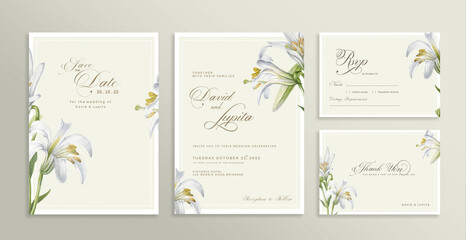 Wedding Invitation Set with Save the Date, RSVP, Thank You Card. Vintage Wedding invitation template with White Flower