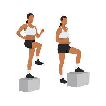Woman doing Box step up exercise. Flat vector illustration isolated on white background