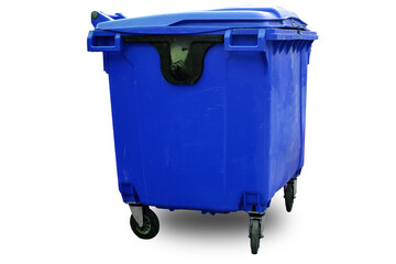blue  garbage bin with wheels isolated on a white background. Waste container. Public trash. street trash can