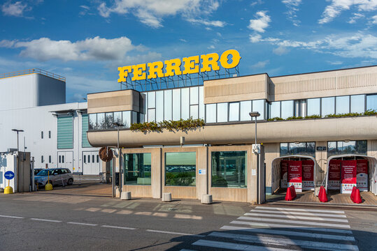 Alba, Cuneo, Italy - October 12, 2021: main entrance to the Ferrero factory building in via Vivaro, it is famous and large worldwide confectionery factory producing Nutella