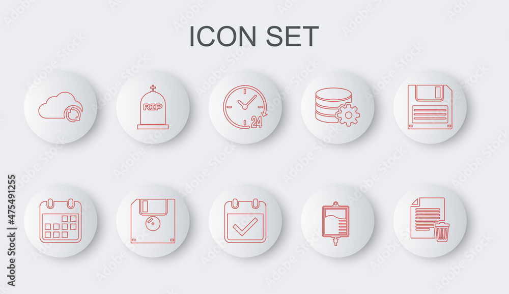 Poster set line delete file document, calendar, clock 24 hours, iv bag, cloud sync refresh, tombstone with 