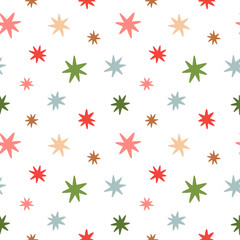 Doodle stars pattern. Seamless background with random star confetti isolated on white.