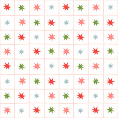 Vector seamless pattern with bright stars on checked background. Holiday repeating pattern with red, pink, blue, green and white colors. 