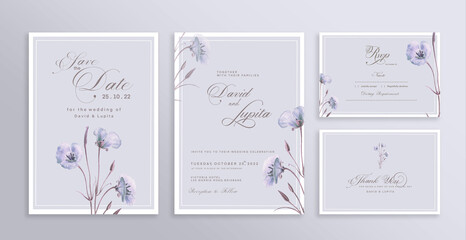Wedding Invitation Set with Save the Date, RSVP, Thank You Card. Vintage Wedding invitation template with Purple Flower