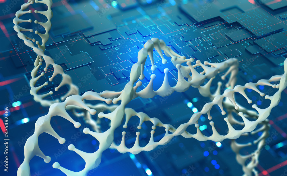 Poster genetic engineering and high technologies. abstract dna spiral model 3d illustration. ai and medicin