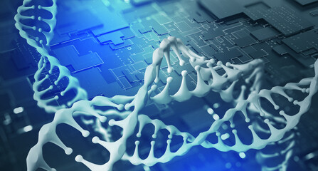 Genetic engineering and high technologies. Abstract DNA spiral model 3D illustration. AI and medicine of the future. Computer analysis of the genome