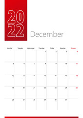December 2022 calendar design. Week starts on Monday. Vertical calendar template.