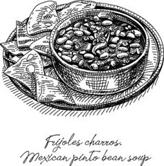 Mexican pinto bean soup - Frijoles charros. Sketchy hand-drawn vector illustration.