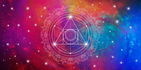 Obraz premium Sacred geometry zentangle inspired design template with oriental tribal ornaments. Philosopher stone ornamental new age wide banner. Meditation symbol in front of outer space background.