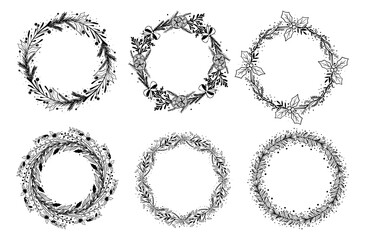 Obraz premium Decorative greeting wreaths. Christmas collection. Hand drawn illustration. Design elements.