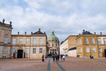 Copenhagen, Denmark - October 1, 2021: view of Amalienborg, royal danidh family resident with the Marble church in the background 