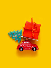 Car, gift, lollipop, candy on a yellow background.