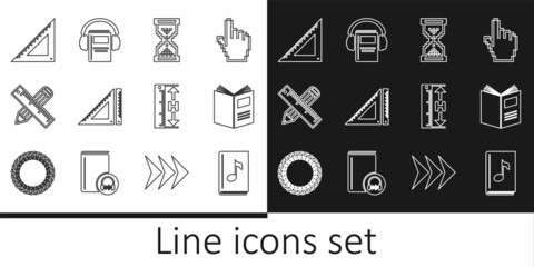 Set line Audio book, Open, Hourglass pixel, Triangular ruler, Crossed and pencil, Measuring height length and icon. Vector