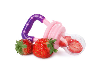 Nibbler with fresh strawberry on white background. Baby feeder