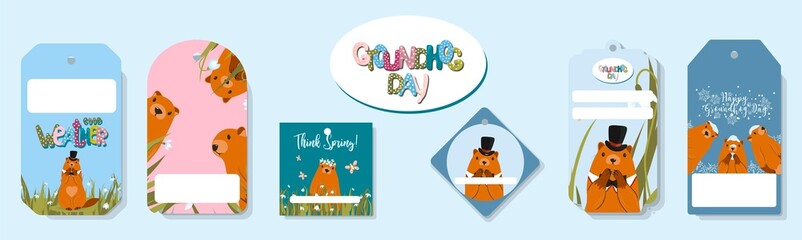 Happy Groundhog Day. Set of marmots tags. Text lettering for greeting card. Vector cartoon illustration. Cute stickers or tags or banner of marmot day as funny marmot cartoon. February 2
