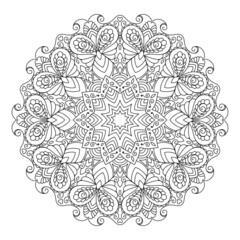 Zentangle inspired mandala zen doodle illustration with tribal boho chic ornaments. Oriental ornamental background.
