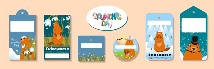 Happy Groundhog Day. Set of marmots tags. Text lettering for greeting card. Vector cartoon illustration. Cute stickers or tags or banner of marmot day as funny marmot cartoon. February 2
