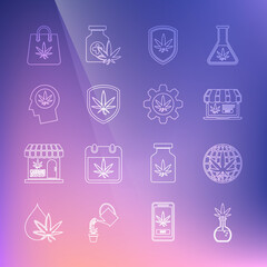 Set line Test tube with marijuana, Legalize, Online buying, Shield and, Head profile, Shopping bag and icon. Vector