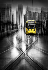 Yellow Tram at a Stop in Manchester with ICM