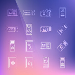 Set line Museum ticket, Bus, Train, Infographic of city map, Airline, Laptop with and icon. Vector