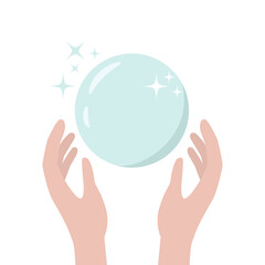 Fortune teller crystal ball. Hands holding a magic ball, seeing the future.