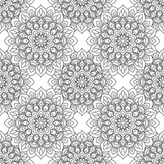 Zentangle seamless textile pattern with mandalas. Black and white hippie style texture.