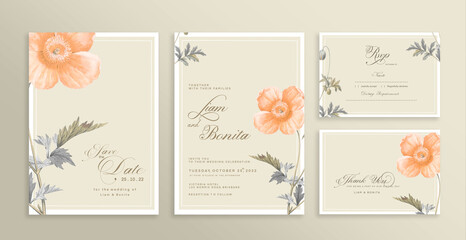Wedding Invitation Set with Save the Date, RSVP, Thank You Card. Vintage Wedding invitation template with Orange fFlower