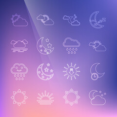 Set line Cloud with moon and stars, Sleeping, Sun cloud weather, Moon, and rain icon. Vector