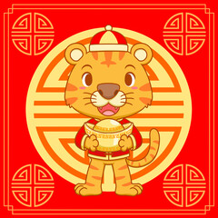 Cartoon illustration of cute tiger holding gold ingot on red background for Chinese new year celebration.	