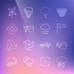 Set line Cloud with rain and lightning, Tornado swirl, Cone windsock wind vane, Storm, Pinwheel and snow icon. Vector