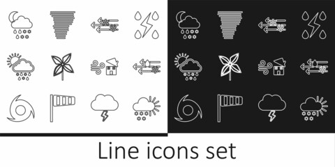 Set line Cloudy with snow, Wind and rain, Pinwheel, sun, moon, Tornado swirl and icon. Vector