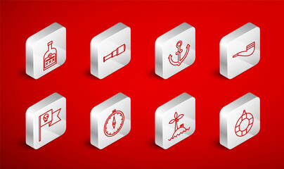 Set line Lifebuoy, Spyglass telescope lens, Anchor, Smoking pipe, Tropical island ocean, Alcohol drink Rum bottle, Compass and Pirate flag with skull icon. Vector