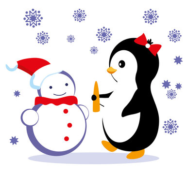 A cheerful penguin made a snowman out of snow with a carrot with snowflakes. Vector illustration