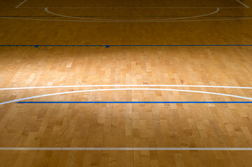 Wooden floor  basketball, badminton, futsal, handball, volleyball, football, soccer court with...