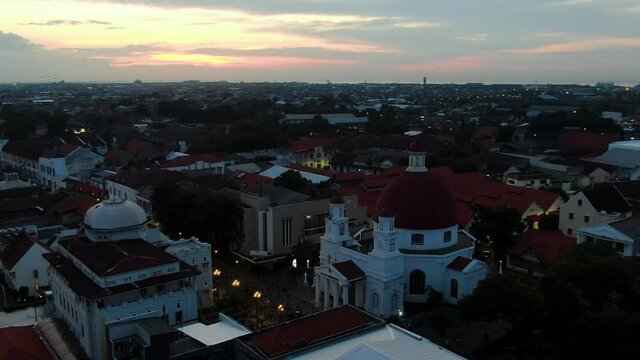 Blenduk Protestant Church in Semarang at late afternoon, Central Java, Indonesia. Aerial circling