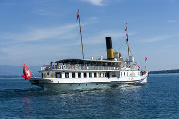 a vintage steamboat cruising on Lake Geneva, Geneva, Switzerland